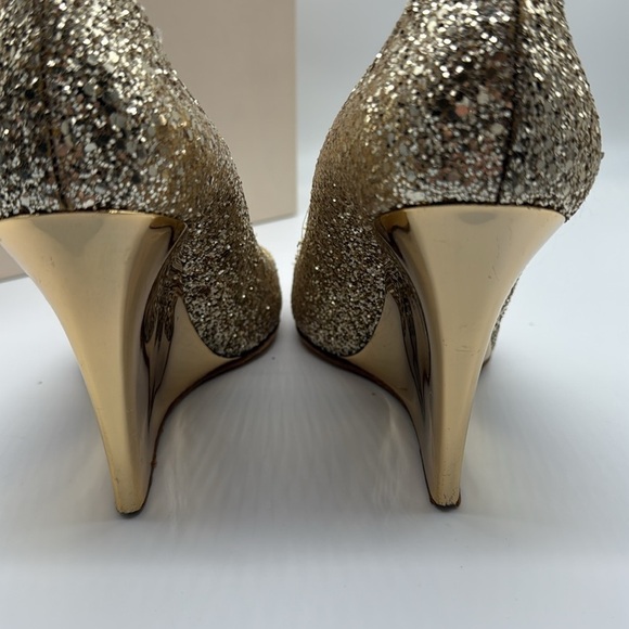 Jimmy  Choo Baxen Woven Metallic Peep Toe Wedge Heels Gold Glitter Size 38 - Picture 11 of 16